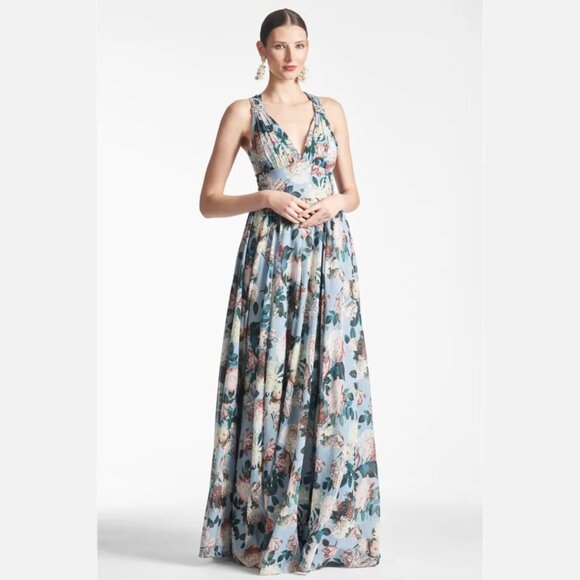 $850 Sachin & Babi‎ Size 0 Kenzia Blue Pink White Floral Chiffon Gown Maxi Dress